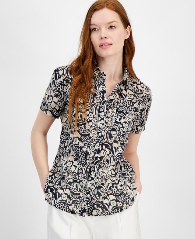 Women's Cotton Floral-Print Short-Sleeve Shirt Product Image