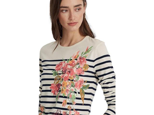 LAUREN Ralph Lauren Floral Striped Jersey Long Sleeve Tee (Mas Cream/French Navy) Women's T Shirt Product Image