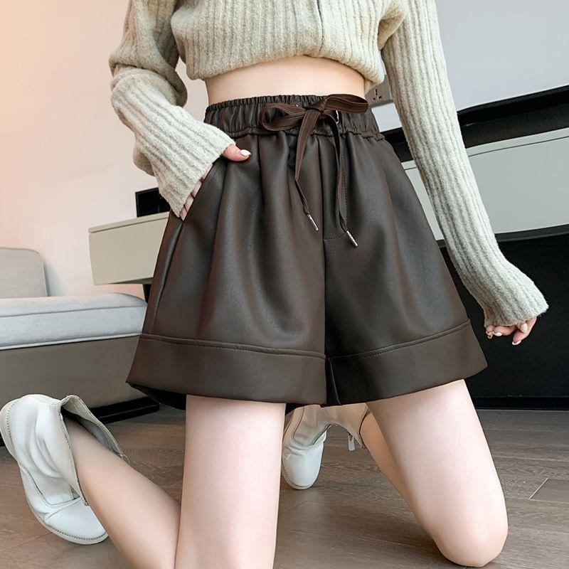 High Waist Plain Faux Leather Wide Leg Shorts Product Image