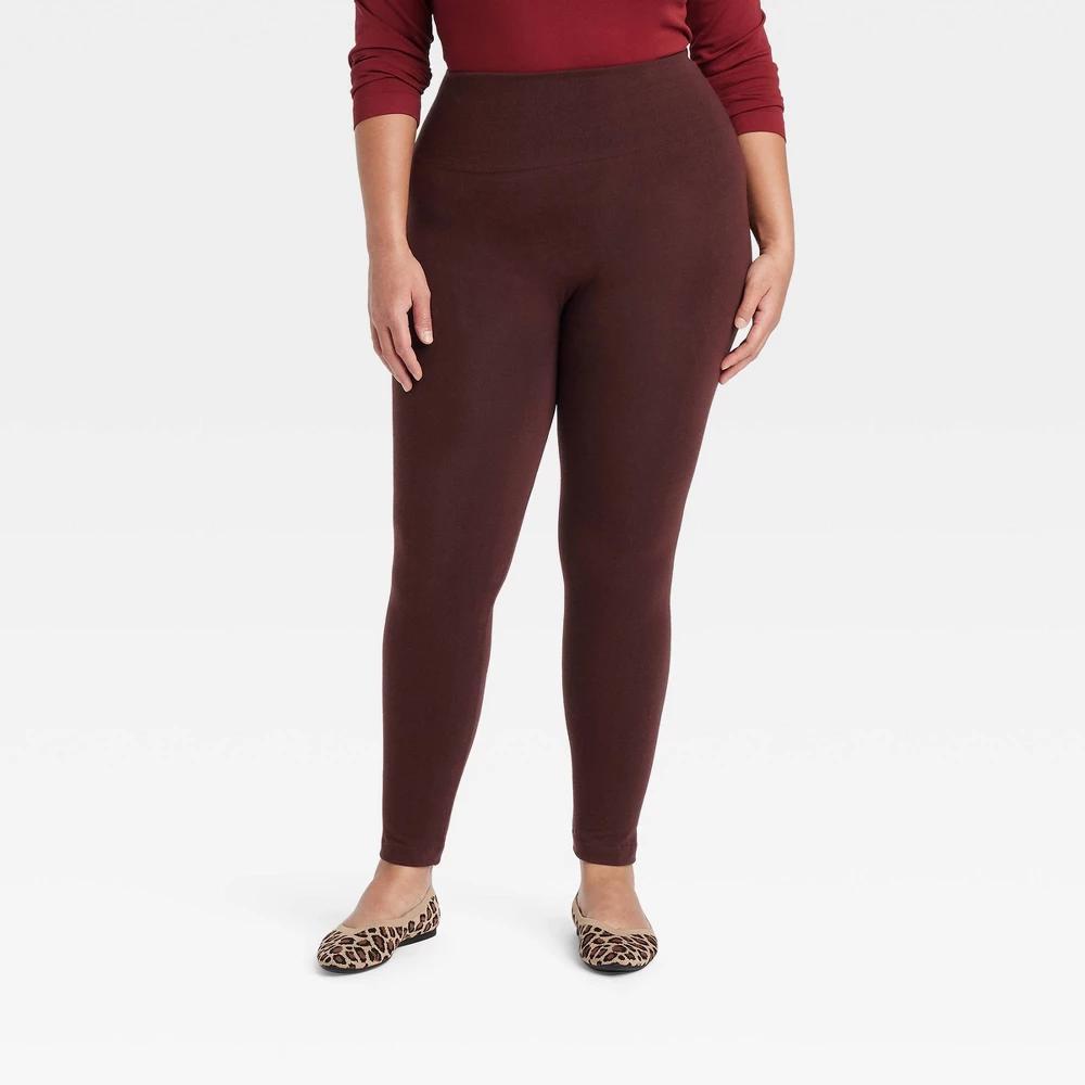 Womens High Waisted Cotton Seamless Fleece Lined Leggings - A New Day Brown 1X Product Image