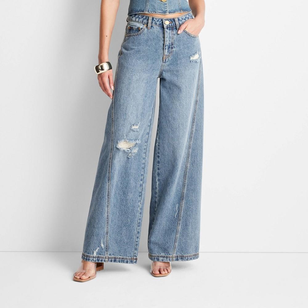 Womens High-Rise Distressed Wide Leg Jeans - Future Collective with Jenee Naylor Medium Wash Product Image