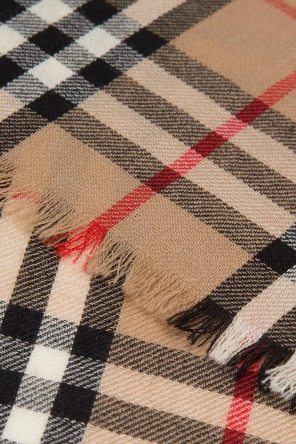 Checkered Pattern Fringed Edge Scarf In Beige Product Image