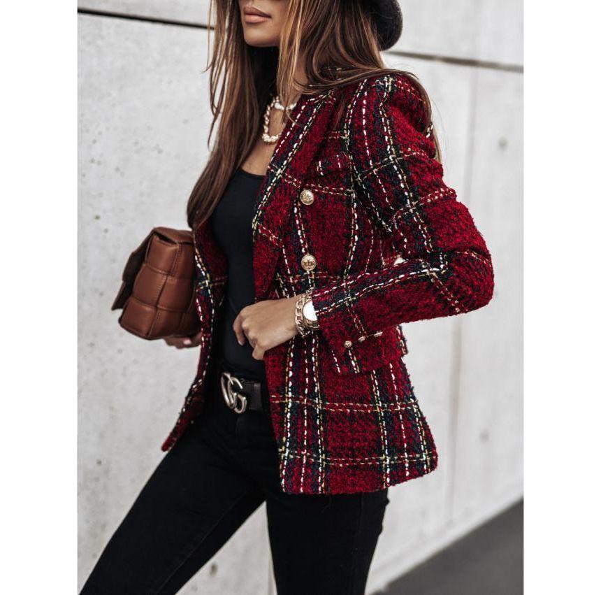 Lapel Collar Plaid Double Breasted Blazer Product Image