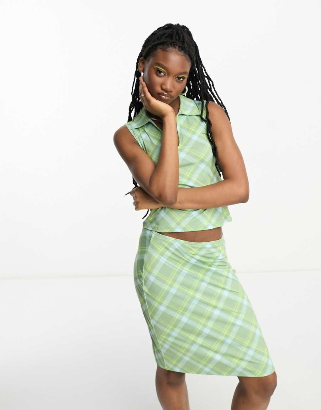 Weekday Fine midi skirt in green and blue check pattern - part of a set Product Image