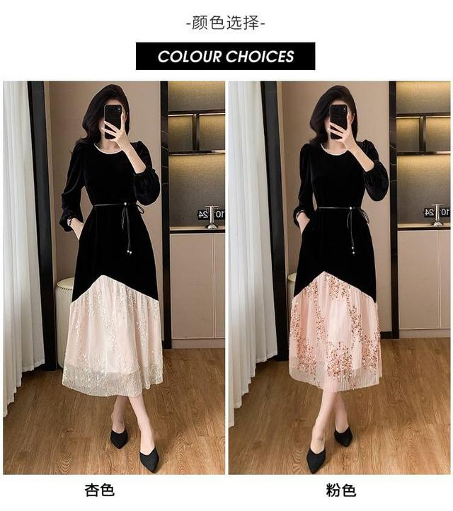 Long-Sleeve Crewneck Velvet Midi A-Line Dress Product Image