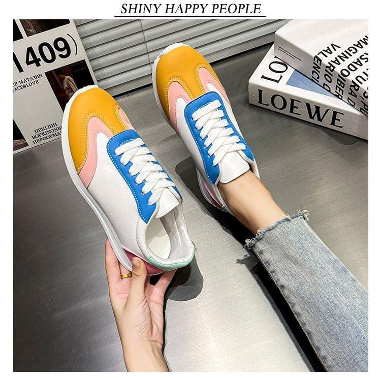 Color Block Lace-Up Faux Leather Sneakers Product Image