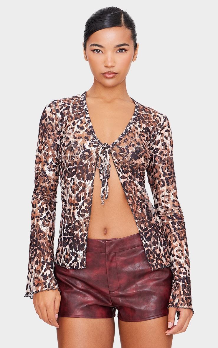 Brown Printed Lace Ruffle Detail Tie Front Long Sleeve Top Product Image