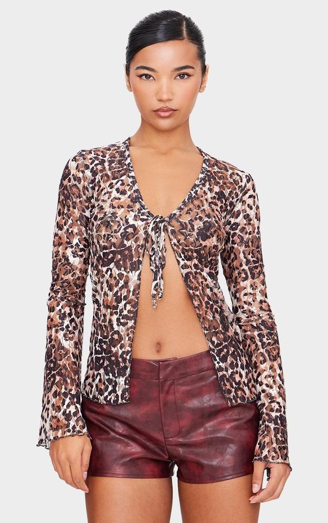 Brown Printed Lace Ruffle Detail Tie Front Long Sleeve Top Product Image