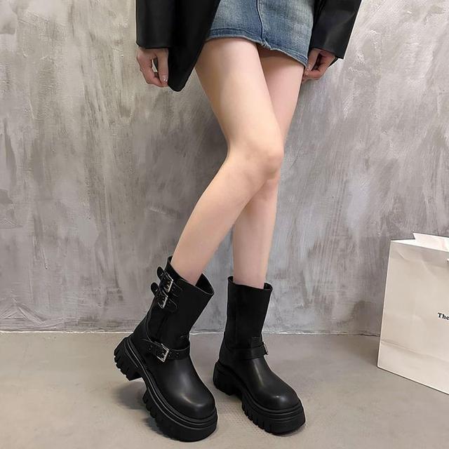 Platform Plain Buckled Short Boots Product Image