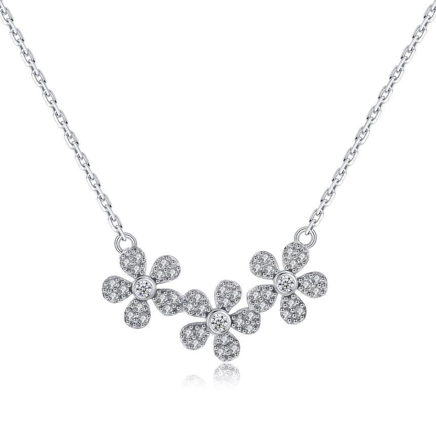 Floral Rhinestone Pendant Sterling Silver Necklace Product Image