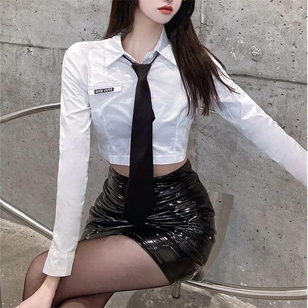 High Waist Plain Faux Leather Mini Skirt Product Image