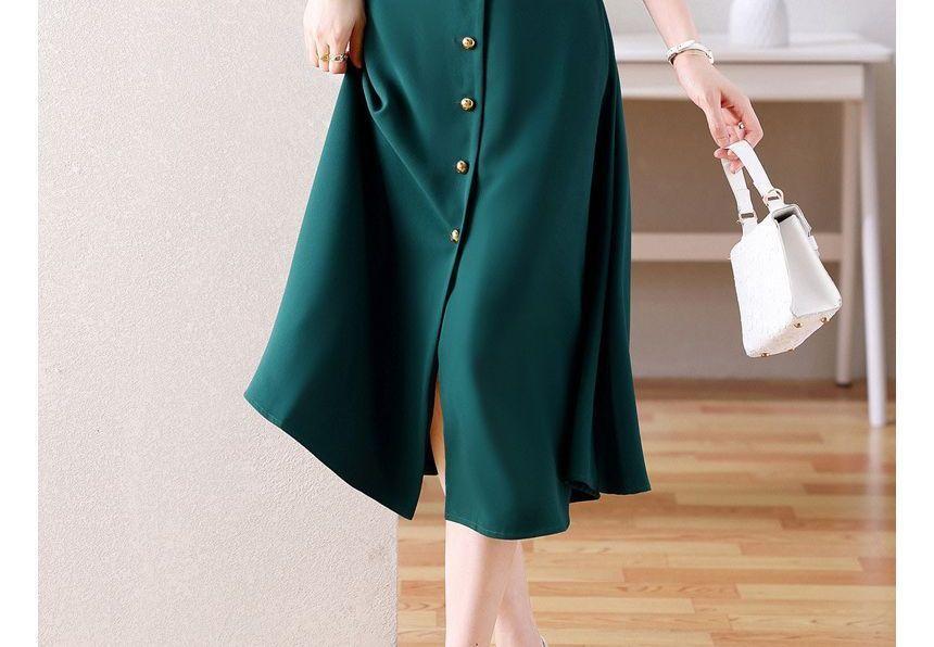 Long-Sleeve Collared Button-Up Midi A-Line Dress Product Image