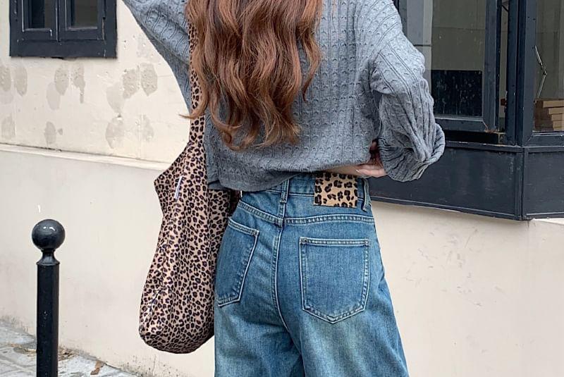 High Waist Leopard Print Panel Fleece-Lined Washed Wide Leg Jeans Product Image