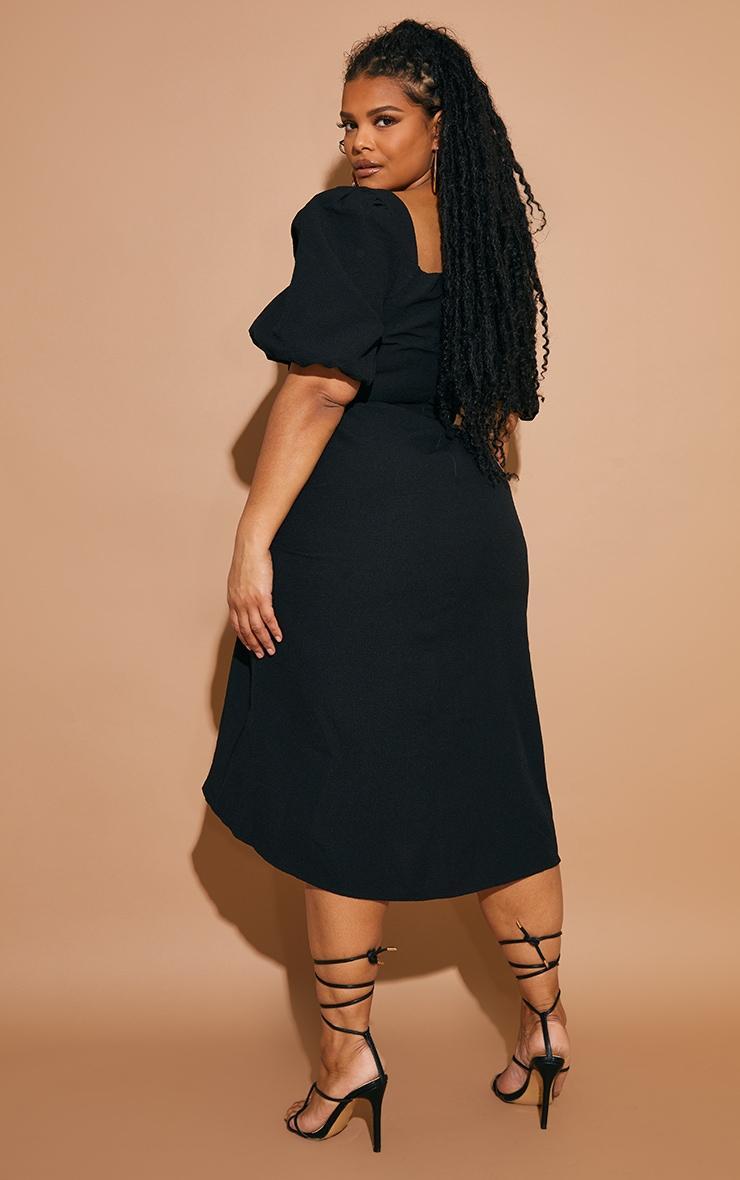 Plus Black Puff Sleeve Ruched Side Split Midi Dress Product Image