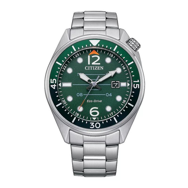 Citizen Mens Eco-Drive Aviator Stainless Steel Bracelet Watch - AW1716-83L Green Silver Product Image