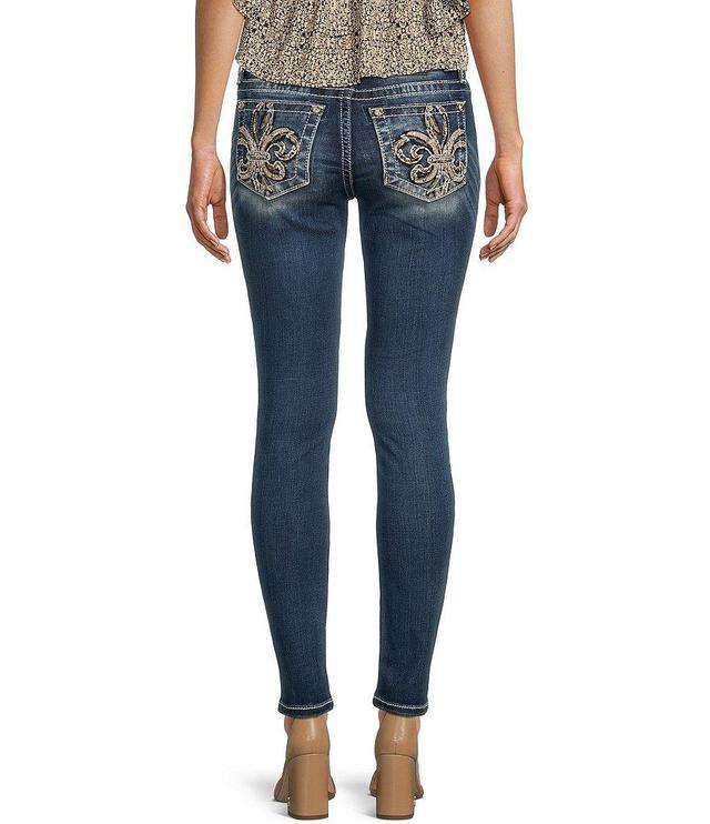 Miss Me Mid Rise Turquoise Stud Fleur-De-Lis Skinny Jeans Product Image