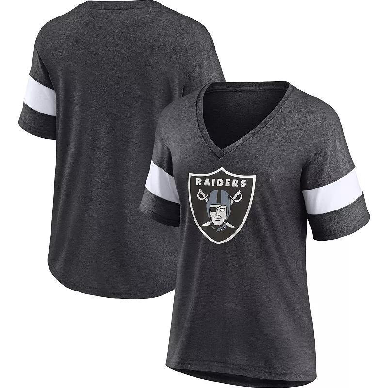 Womens Fanatics Branded Heathered Charcoal Las Vegas Raiders Distressed Team Tri-Blend V-Neck T-Shirt Product Image