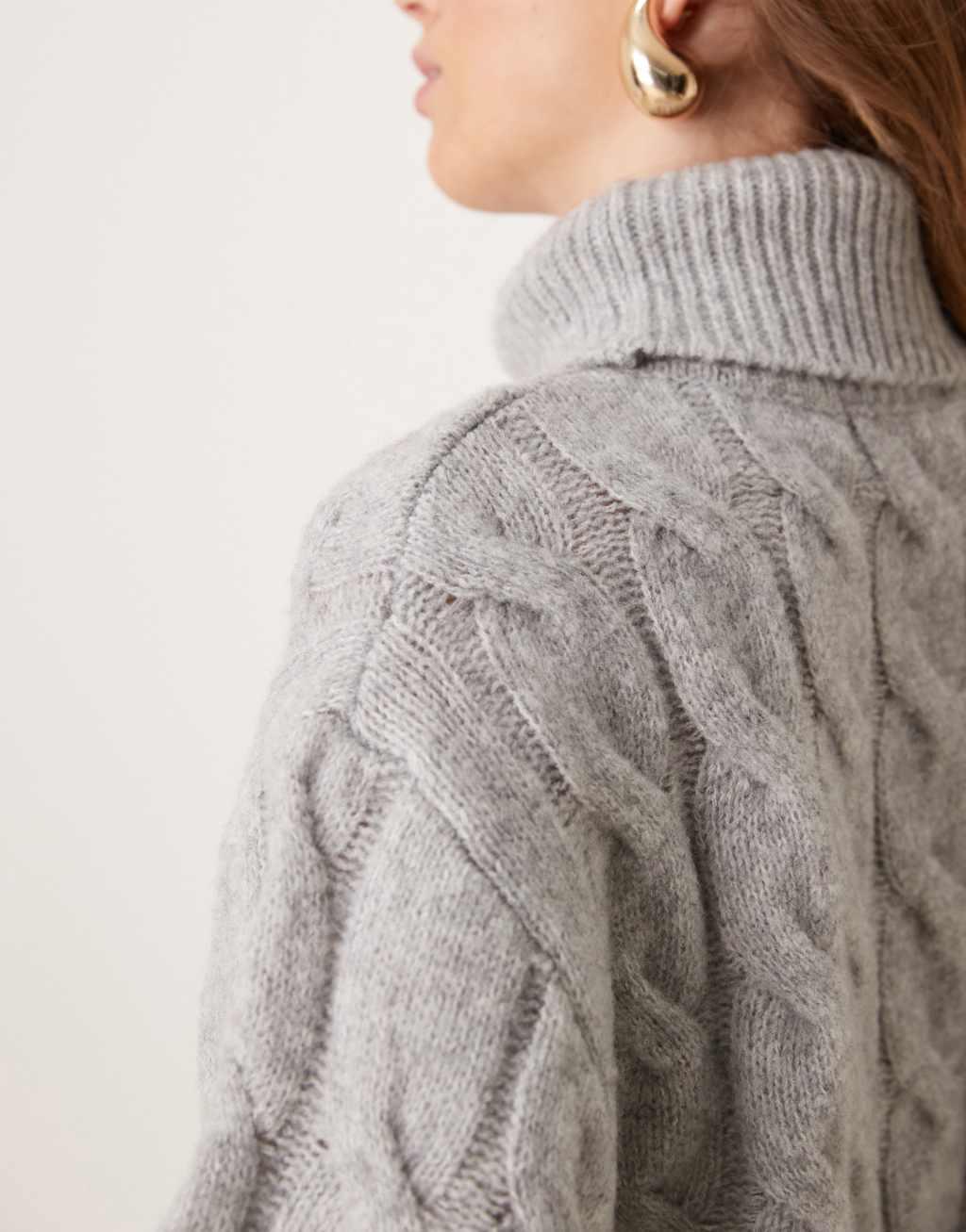 Miss Selfridge cable high neck cozy knit sweater in charcoal heather Product Image