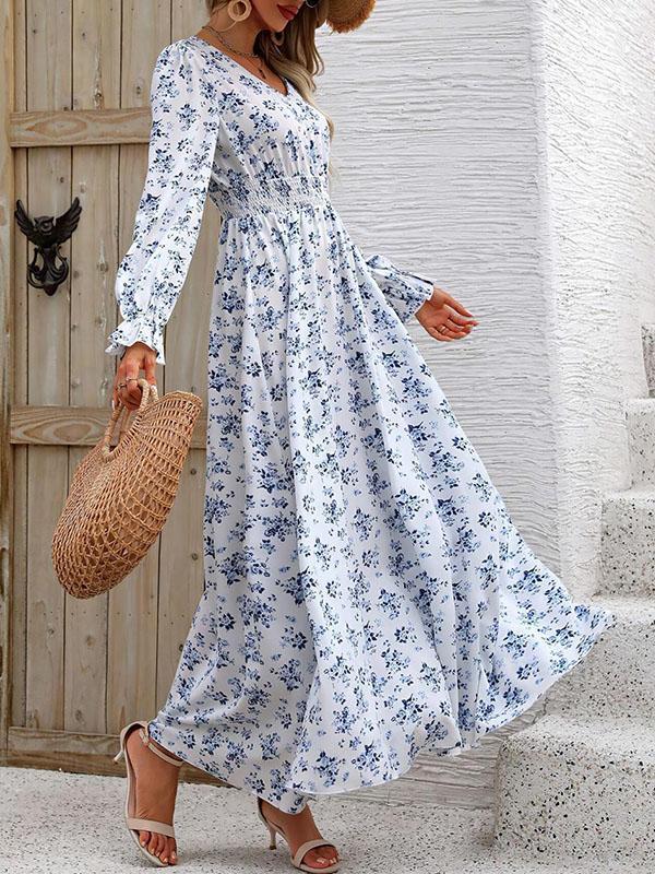 Long Sleeves Loose Elasticity Floral Printed V-Neck Maxi Dresses Product Image