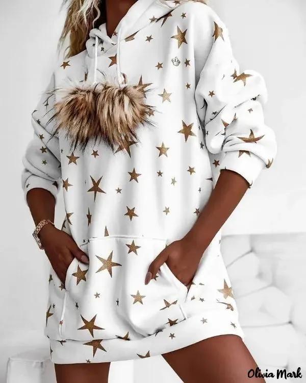 Olivia Mark – Hooded Top Decorated with Pompom Pockets and Star Print Product Image