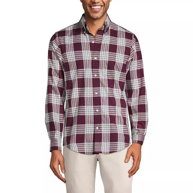 Mens Lands End Tailored Fit No Iron Twill Long Sleeve Shirt Red Navy Plaid Product Image