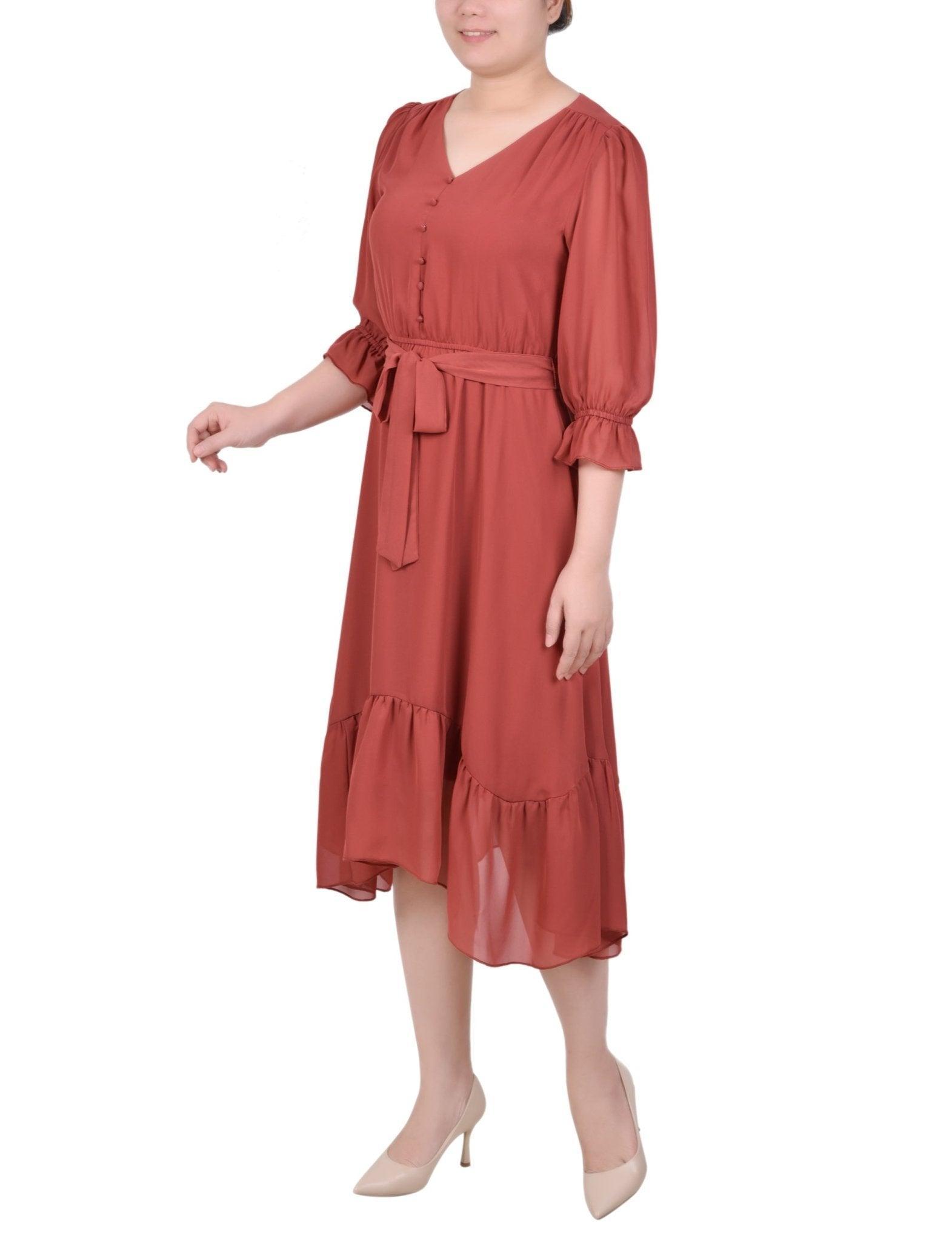 3/4 Sleeve V-Neck Flounced Dress - Petite Product Image