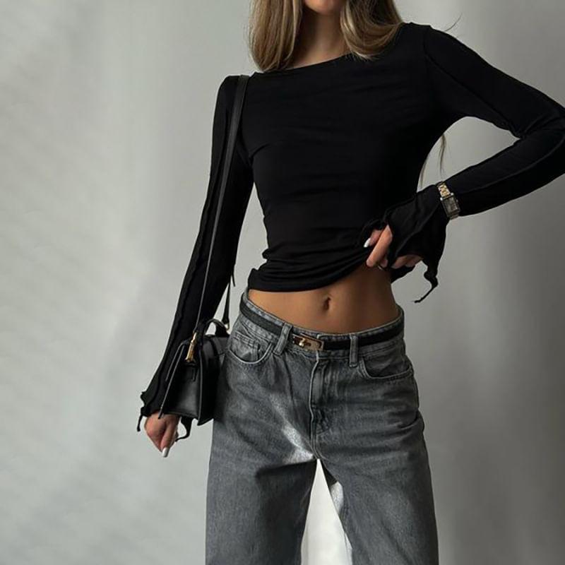 Long-Sleeve Flared-Cuff Plain Crop Top Product Image