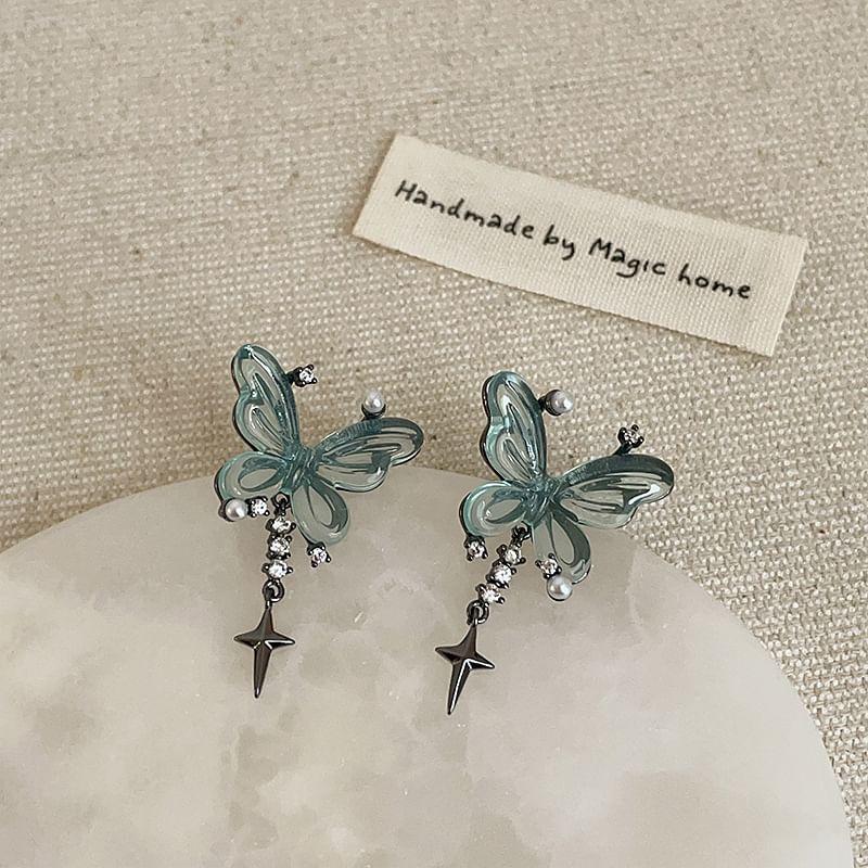 925 Sterling Silver Butterfly Rhinestone Star Drop Earring Product Image