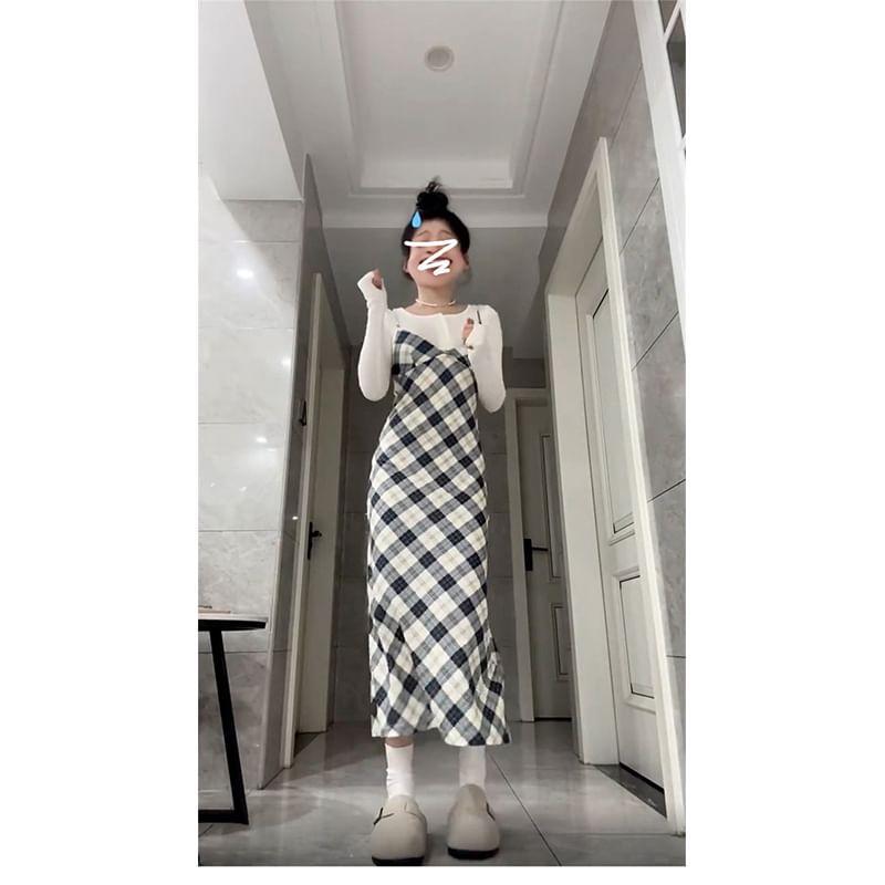 Spaghetti Strap Plaid Midi A-Line Dungaree Dress Product Image