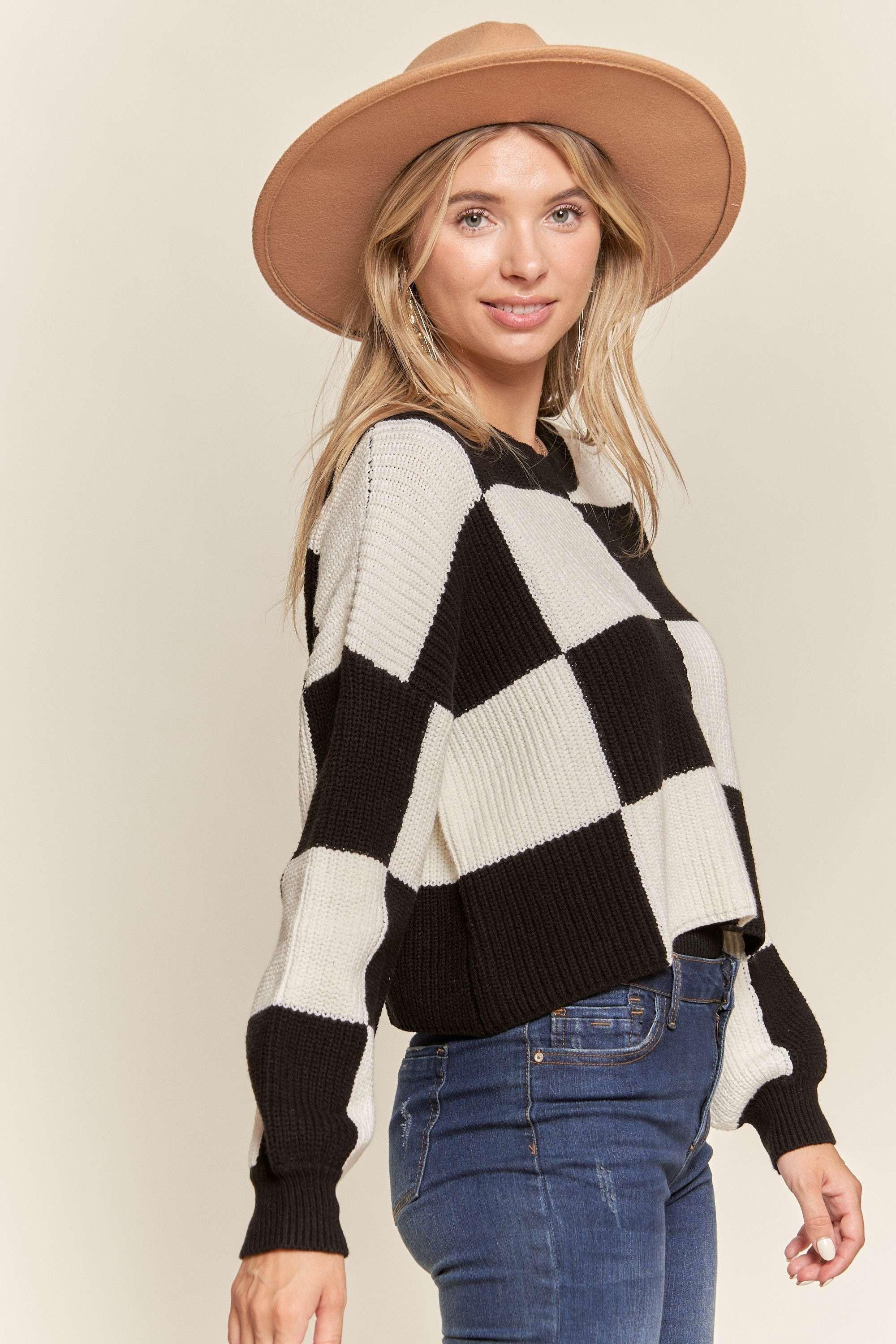 Comfy Cropped Black & White Checkered Knit Sweater Top Product Image