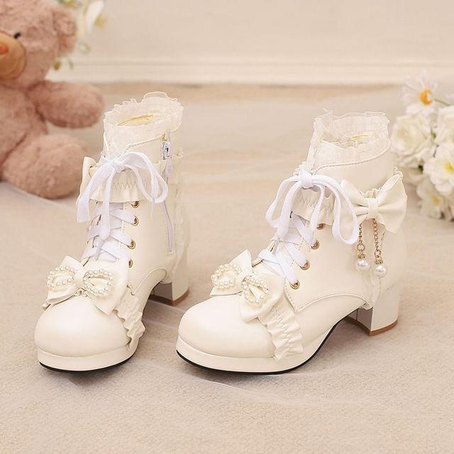 Platform Chunky Heel Lace-Up Ruffled Short Boots Product Image