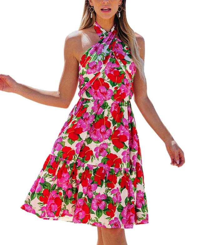 Cupshe Womens Pink & Red Floral Crossover Halterneck Mini Beach Dress Product Image