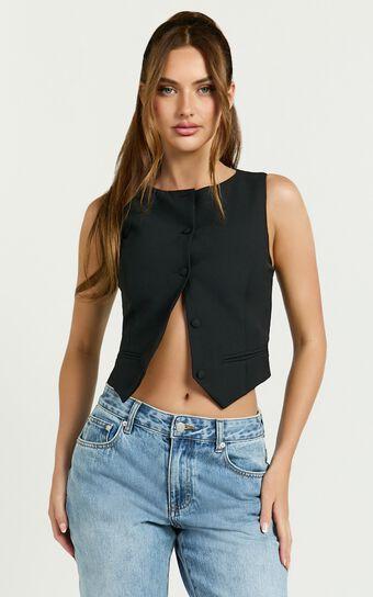 Lalisa Top - Tailored Crew Neck Crop Vest in Black Product Image