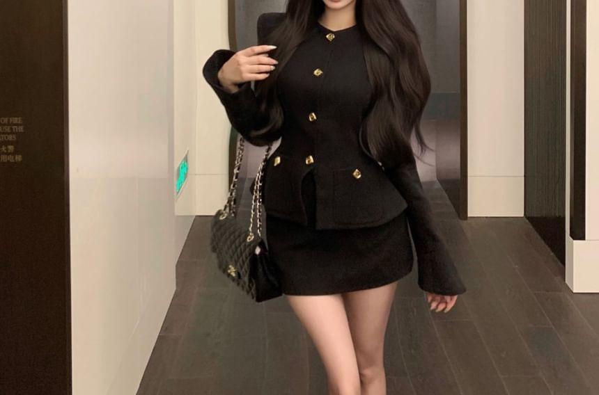 Round Neck Plain Button Jacket / Mid Waist Plain Mini Pencil Skirt Product Image