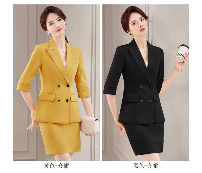 Elbow-Sleeve Peak Lapel Plain Double Breasted Blazer / High Rise Mini Pencil Skirt / High Rise Straight Leg Suit Pants / Set Product Image