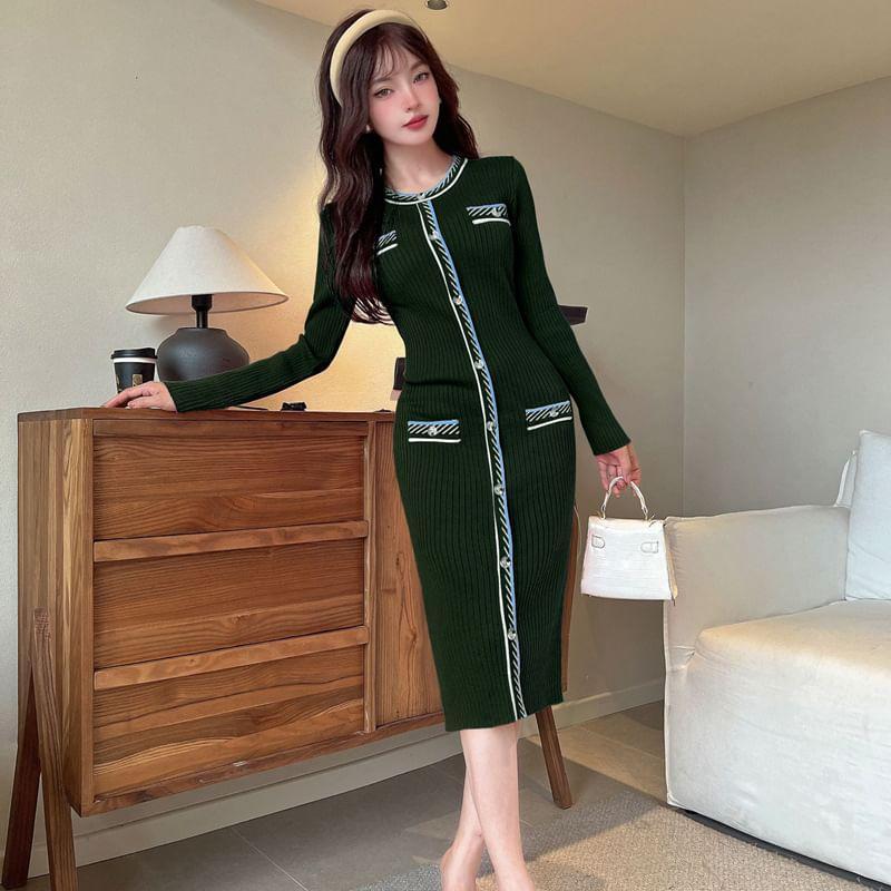 Long-Sleeve Crew Neck Button Accent Contrast Trim Midi Sheath Knit Dress Product Image