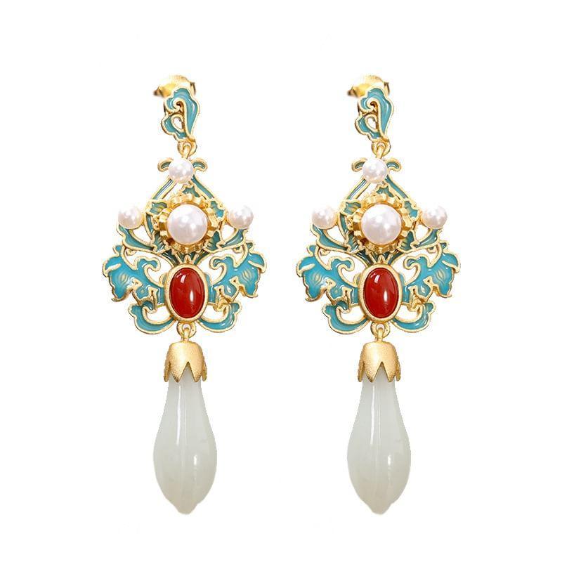 Vintage Floral Faux Gemstone Faux Pearl Alloy Dangle Earring Product Image