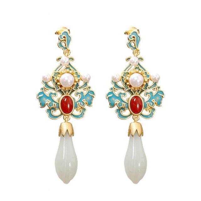 Vintage Floral Faux Gemstone Faux Pearl Alloy Dangle Earring Product Image