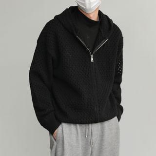 Hooded Perforated Zip-Up Cardigan Product Image