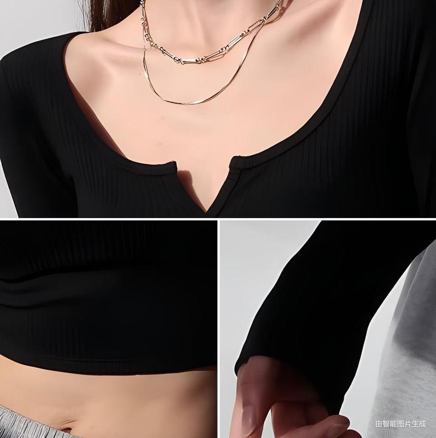 Long Sleeve Notch Neck Plain Crop T-Shirt Product Image