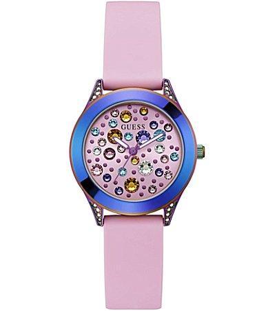 Guess Womens Multi Rhinestone Dial Analog Pink Silicone Strap Watch Product Image