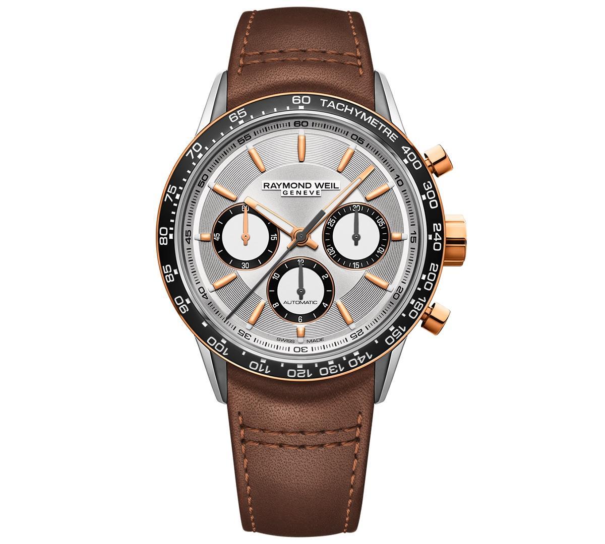 Raymond Weil Freelancer Automatic Chronograph Silver Dial Brown Leather Strap Watch, 43.5mm Product Image