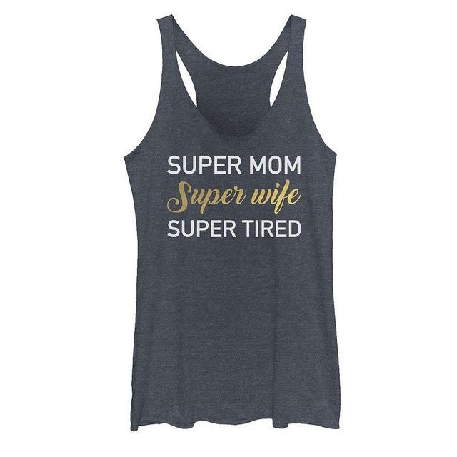 Juniors Super Mom Wife Tired Graphic Tank Top, Girls Navy Grey Product Image