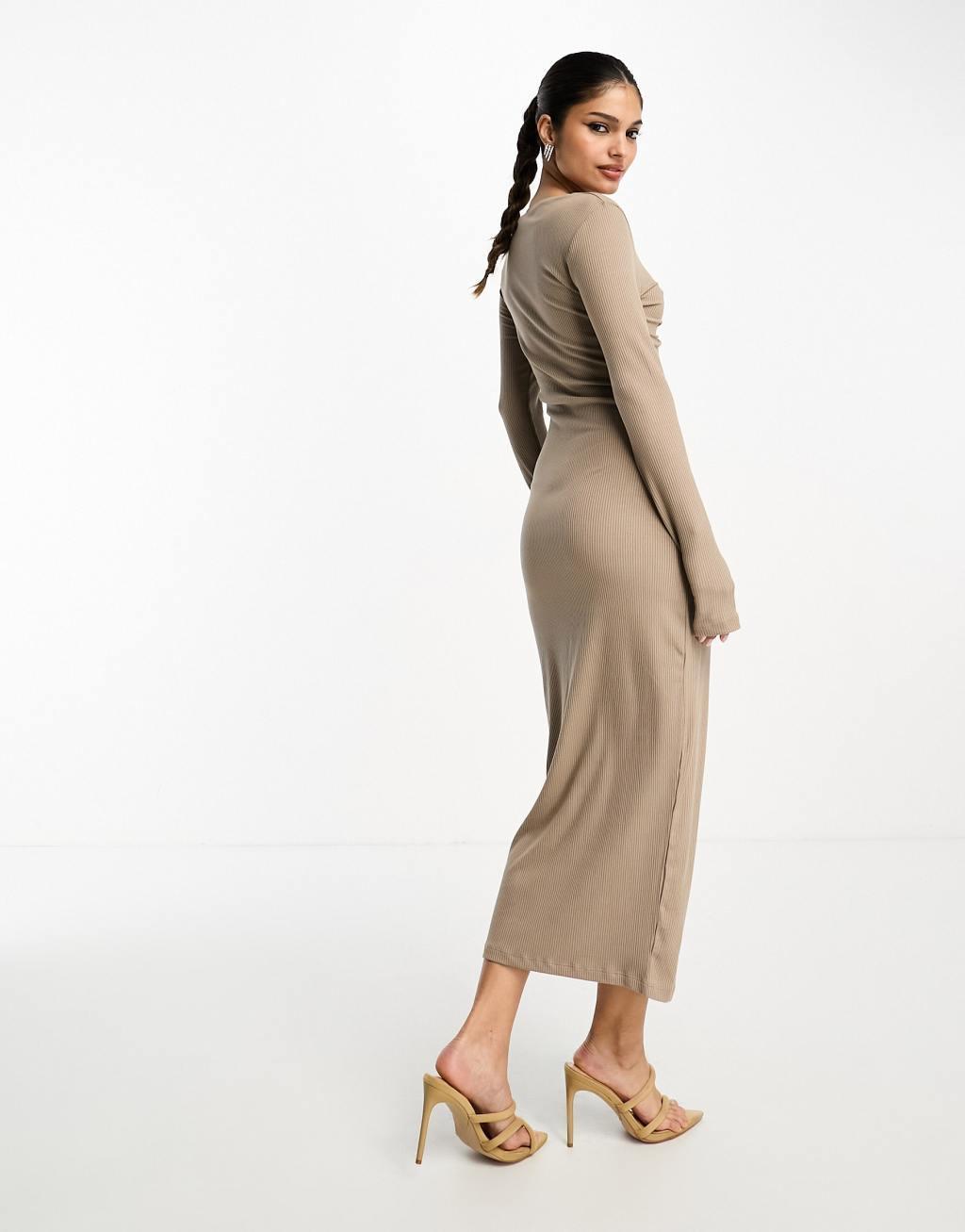 NA-KD ring detail cut out midi dress in beige Product Image