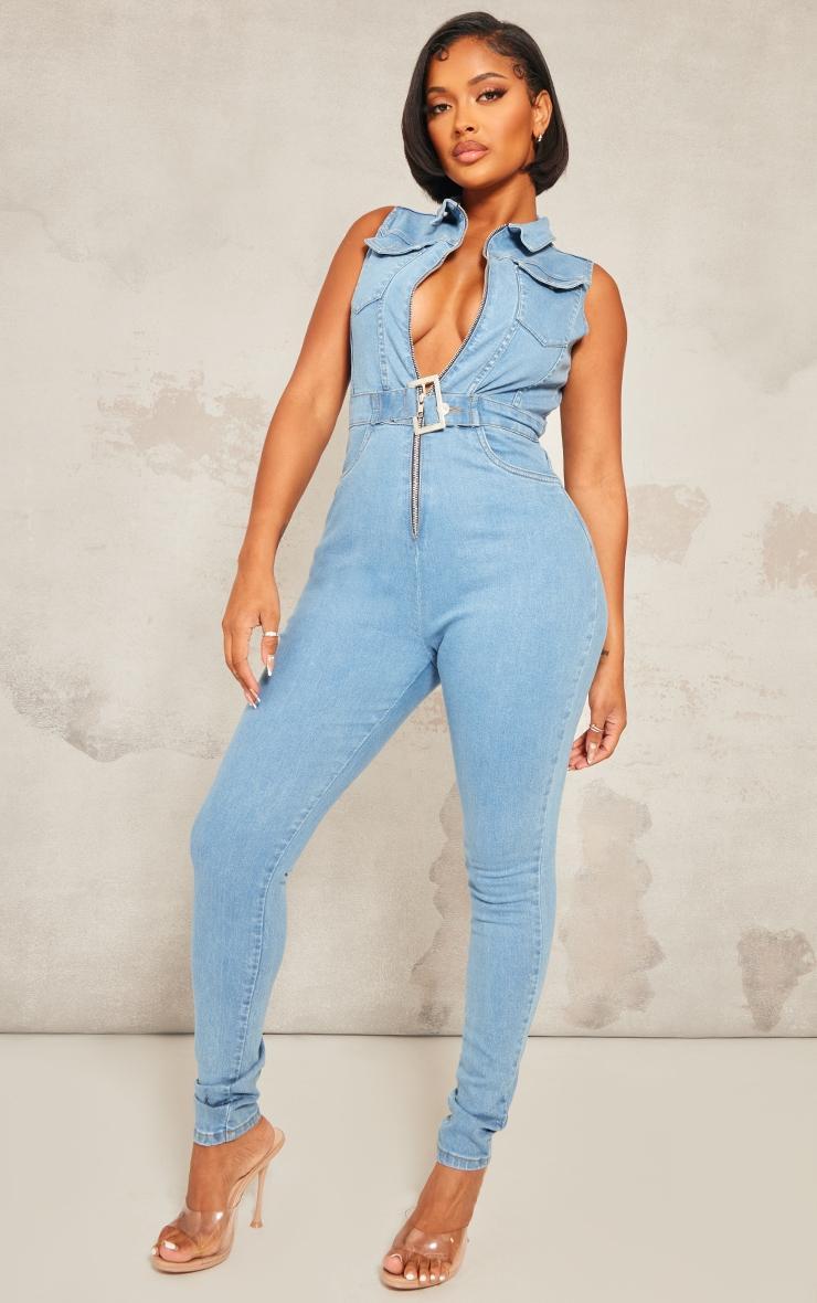 Shape Light Blue Wash Belted Detail Stretch Denim Jumpsuit Product Image