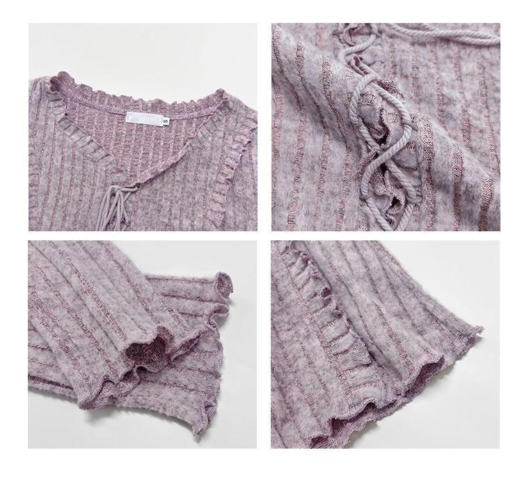 Ruffled V-Neck Lace-Up Knit Crop Top Product Image