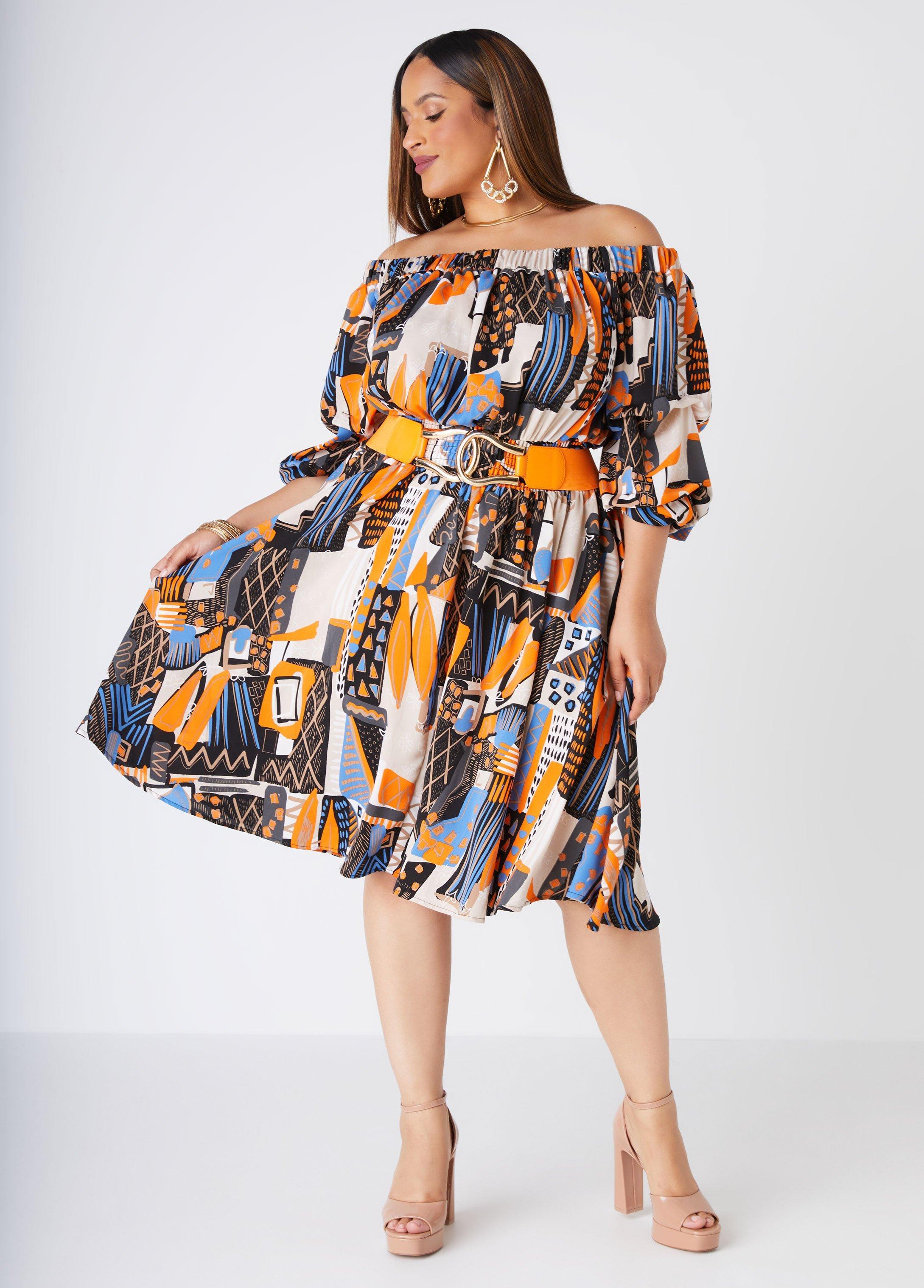 Plus Size Abstract Off The Shoulder Dress Ashley Stewart Product Image