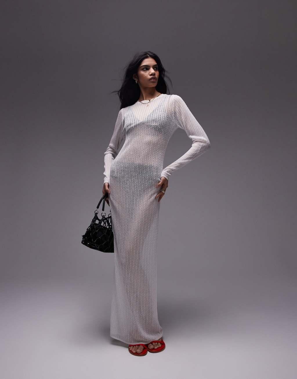 Topshop knit sheer maxi dress in ivory Product Image