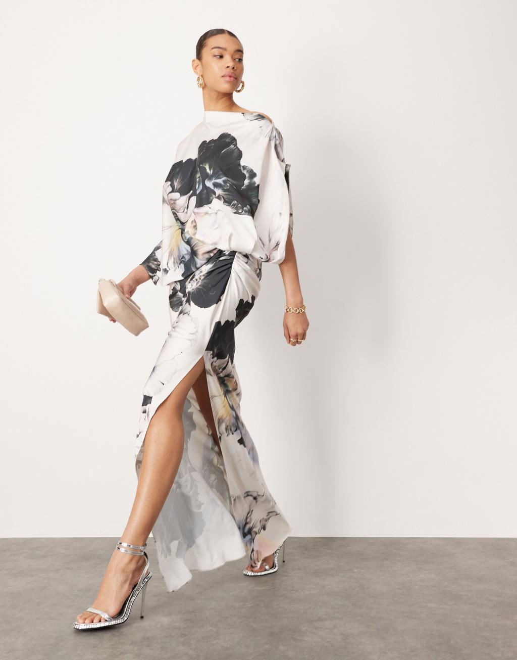 ASOS EDITION satin oversized one sleeve maxi dress in large floral print Product Image