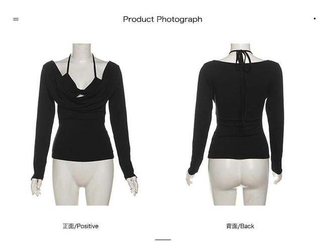 Cold Shoulder Long Sleeve Plain Ruched T-Shirt Product Image